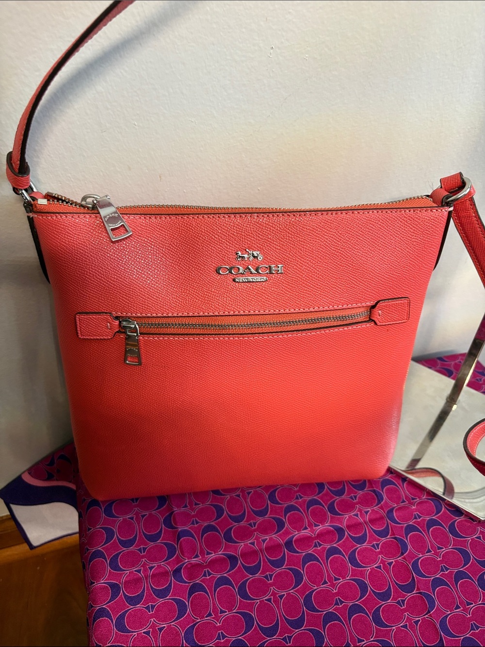 COACH Coral Red Leather Crossbody Bag with Front Zip Pocket